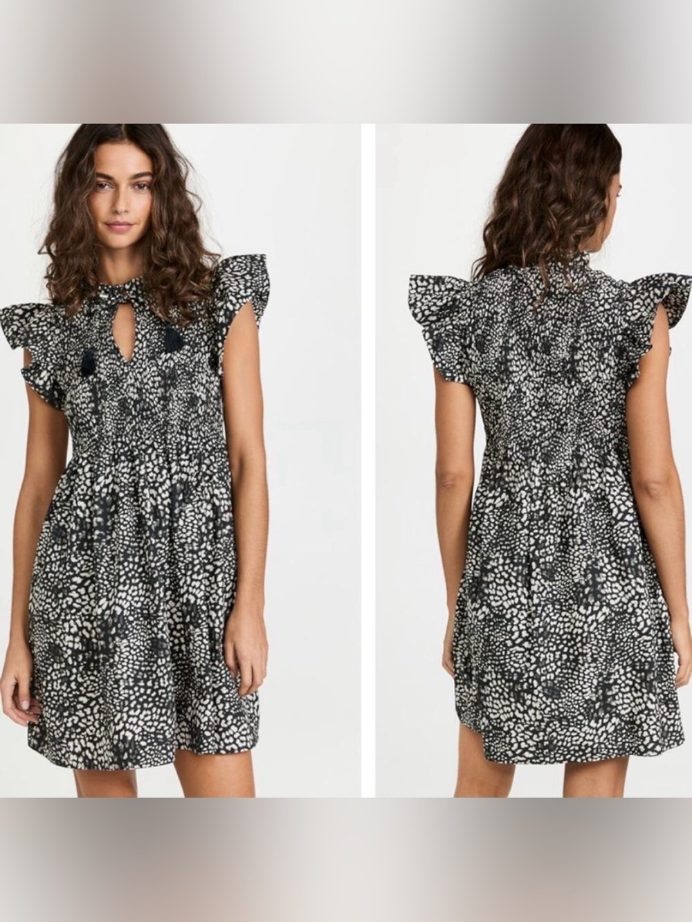 SEA NEW YORK Calla Cheetah Smocked Dress Size 4 Night Black Gray Ruffle Sleeve
